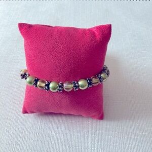 Olive Green Glass Pearl Silver Tone Stretch Bracelet